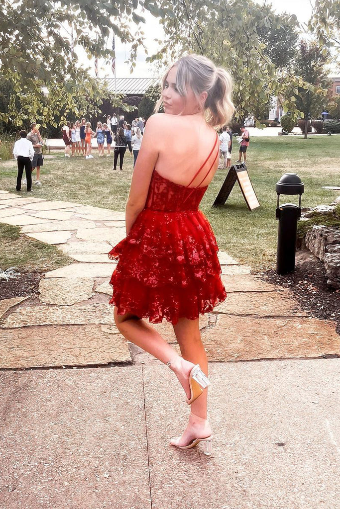 Red One Shoulder A-Line Sequin Lace Short Homecoming Dresses VK23101204 Vickidress Red One Shoulder A-Line Sequin Lace Short Homecoming Dresses VK23101204 Vickidress