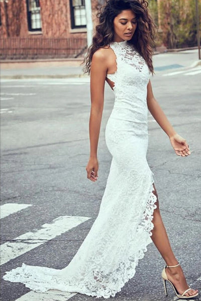 Sexy Mermaid Jewel Lace Backless Wedding Dresses With Court Train,Beach Wedding Dress VK0302003-2