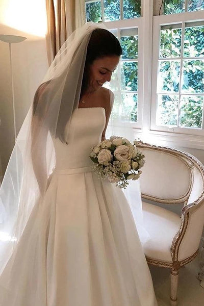 Simple A-Line Strapless Satin Wedding Dresses with Pockets VK0330004
