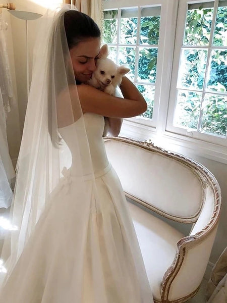 Simple A-Line Strapless Satin Wedding Dresses with Pockets VK0330004