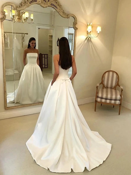 Simple A-Line Strapless Satin Wedding Dresses with Pockets VK0330004