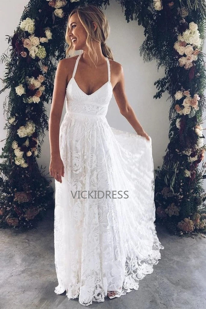 Simple Wedding Dresses Ivory Lace A Line Court Train Spaghetti Straps Backless Side Slit Cheap Bridal Dresses VK0401004-1