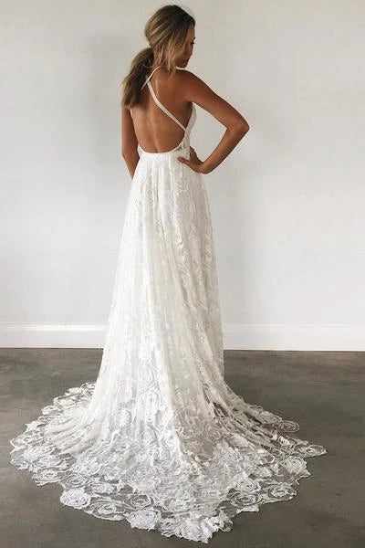 Simple Wedding Dresses Ivory Lace A Line Court Train Spaghetti Straps Backless Side Slit Cheap Bridal Dresses VK0401004-2