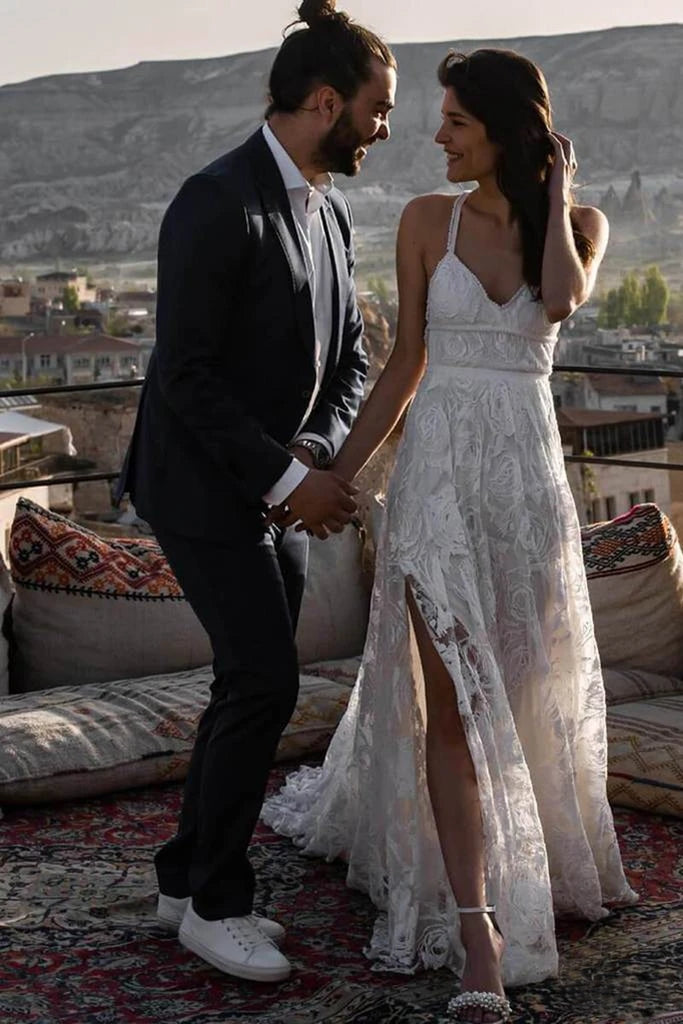 Free Shipping Simple Wedding Dresses Ivory Lace A Line Court Train Spaghetti Straps Backless Side Slit Cheap Bridal Dresses VK0401004 Vickidress