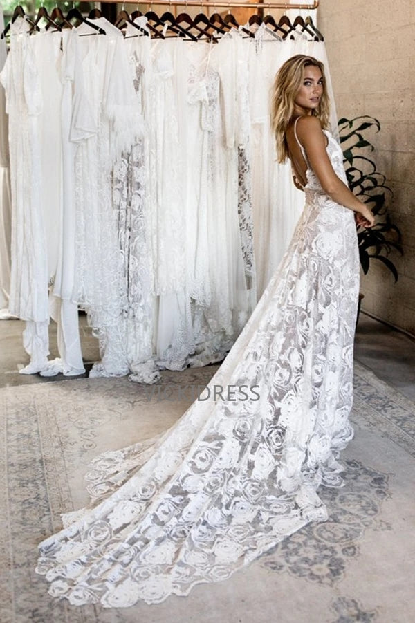 Spaghetti Straps Backless Long Simple Ivory Lace Beach Wedding Dresses VK0401001-1