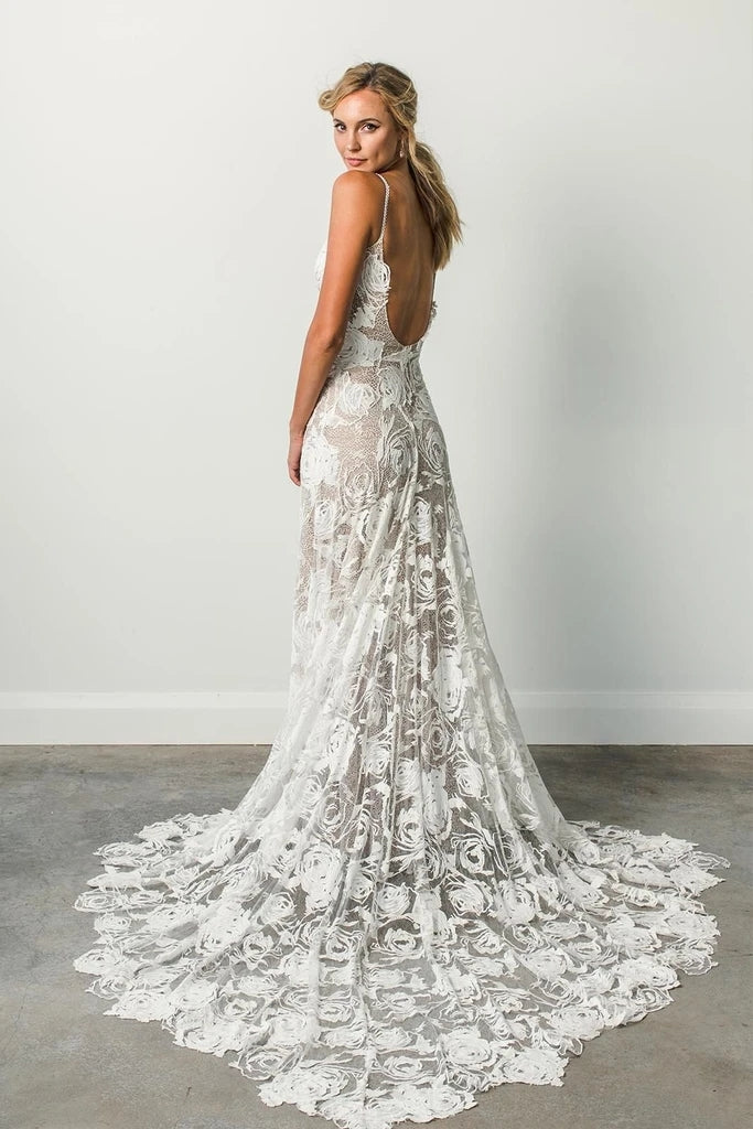 Free Shipping Spaghetti Straps Backless Long Simple Ivory Lace Beach Wedding Dresses VK0401001 Vickidress Free Shipping Spaghetti Straps Backless Long Simple Ivory Lace Beach Wedding Dresses VK0401001 Vickidress