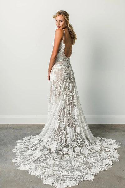 Spaghetti Straps Backless Long Simple Ivory Lace Beach Wedding Dresses VK0401001-3