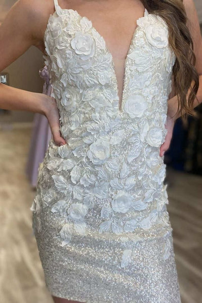 Sparkly Light Blue Sequins V Neck Short Homecoming Dresses with Appliques VK080406