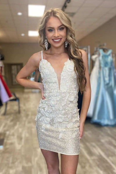 Sparkly Light Blue Sequins V Neck Short Homecoming Dresses with Appliques VK080406