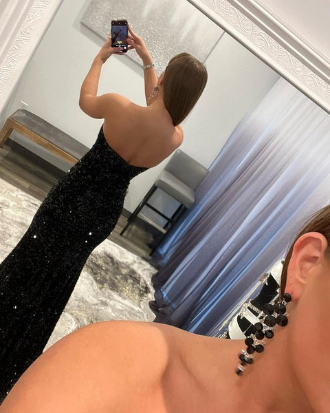 Sparkly Mermaid Strapless Black Sequins Prom Dresses with Slit VK22022206-4