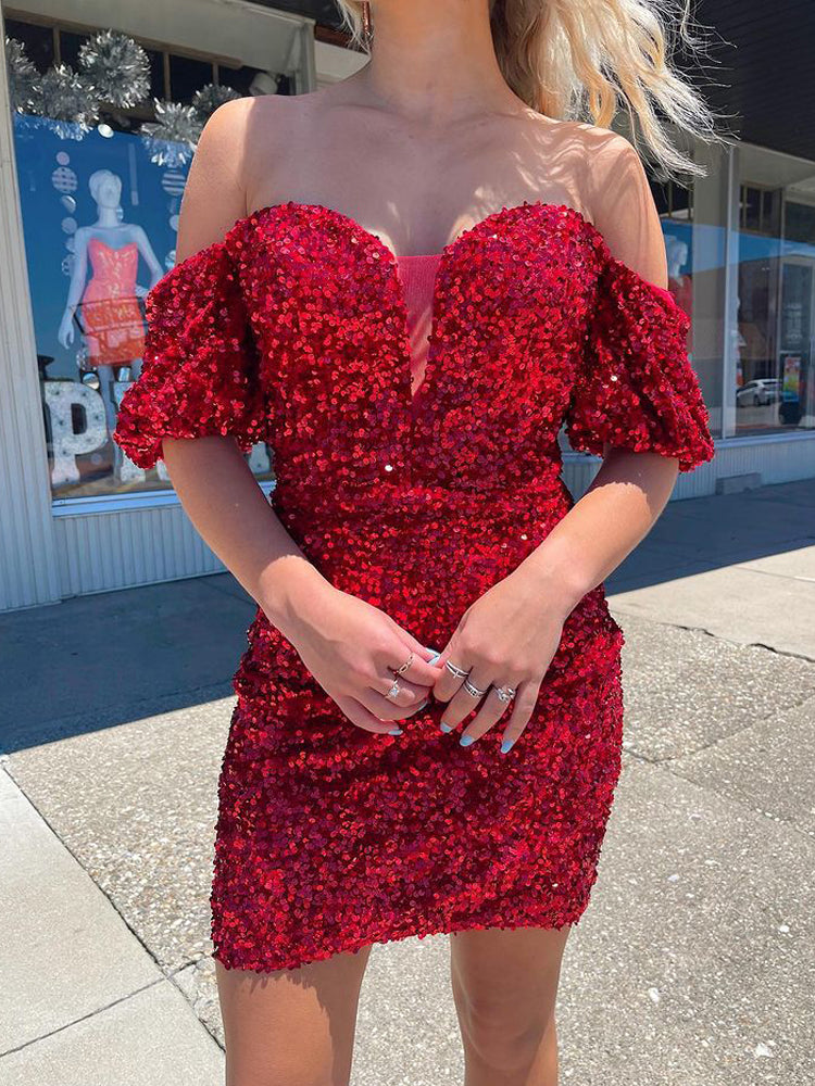 Free Shipping Sparkly Cute Off the Shoulder Red Velvet Sequins Homecoming Dresses VK0629001 Vickidress Free Shipping Sparkly Cute Off the Shoulder Red Velvet Sequins Homecoming Dresses VK0629001 Vickidress