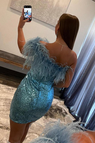 Sparkly One Shoulder Blue Sequins Homecoming Dresses with Feather VK22061002