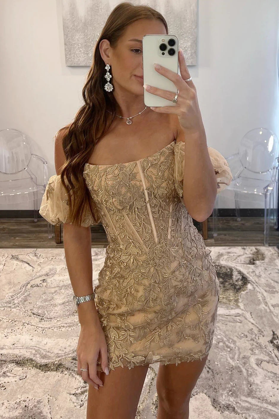 Strapless Gold Balloon Sleeves Bodycon Homecoming Dress with Appliques VK23072906 Vickidress
