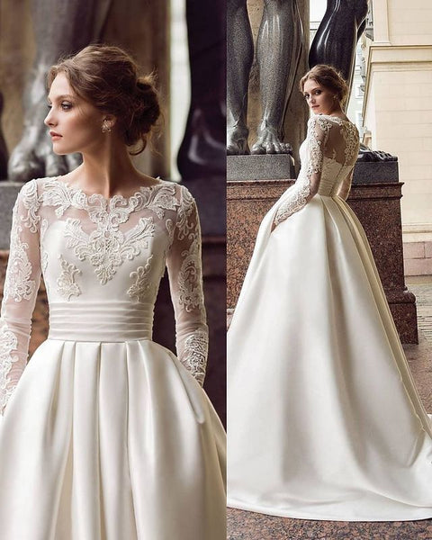 Vintage A-Line Long Sleeves Ivory Satin Wedding Dress with Pockets VK210428002-2