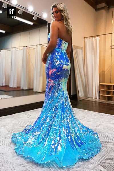 Sparkly Mermaid Sweetheart Blue Sequins Long Prom Dresses with Slit VK23012303