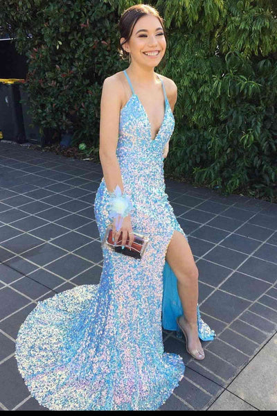 Sparkly Sequins Light Blue Prom Dresses with Slit for 2022 VK22022106