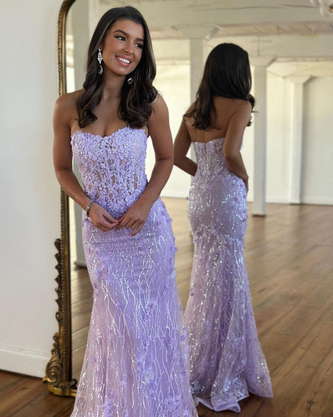 Cute Mermaid Strapless Lavender Sequins Lace Prom Dresses VK122903