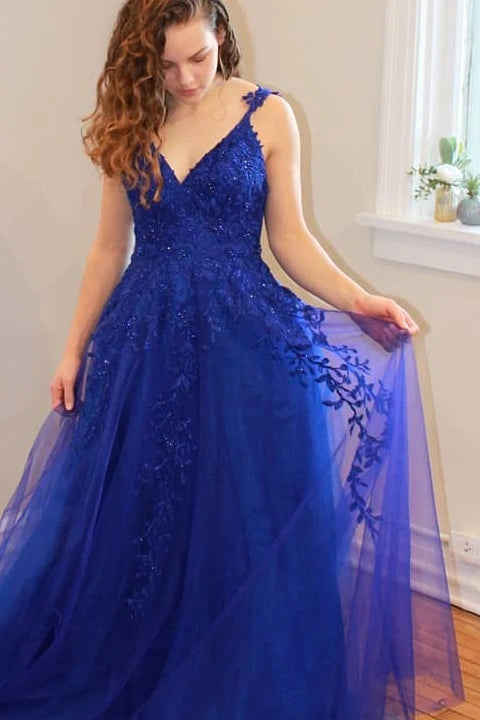 Princess V Neck Dark Blue Long Prom Dress with Lace Appliques VK0325004