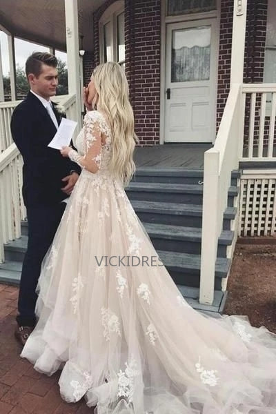 Charming V Neck A-Line Long Sleeves Plus Size Wedding Dresses with Appliques VK0105021