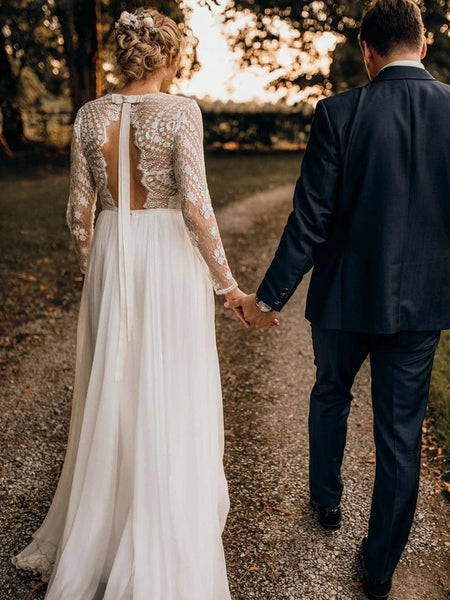 Modest Chiffon V-Neck A-line Backless Wedding Dresses Country With Long Sleeves Gowns VK0208001