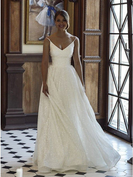 A-Line V-Neck Sleeveless Zipper-up Sequins Wedding Dress With Sweep Train VK0701008