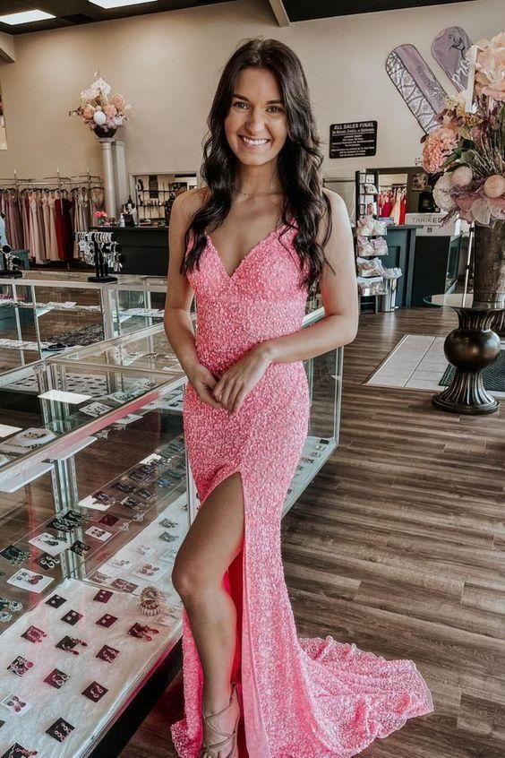 Sparkly Mermaid V Neck Pink Sequins Long Prom Dresses with Slit VK111502