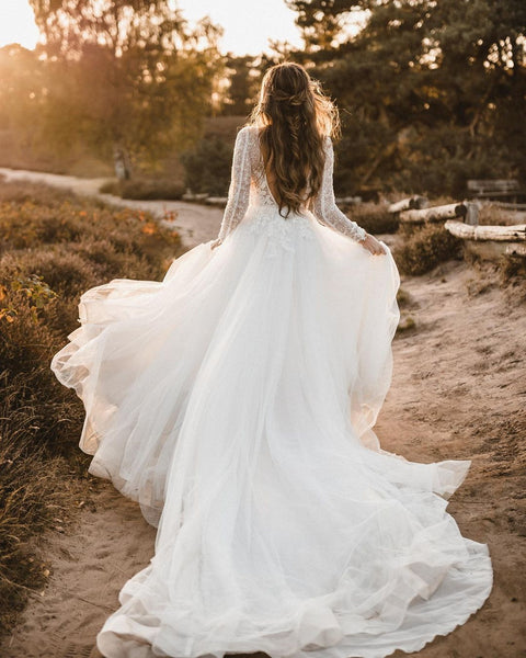 Elegant A Line V Neck Tulle Wedding Dresses with Lace VK111504