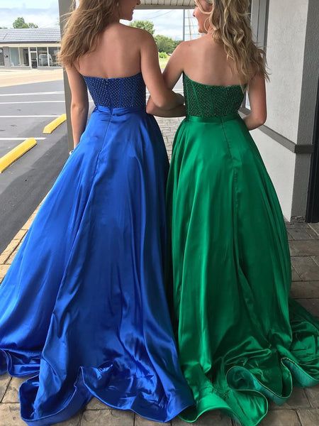 Charming A-Line Sweetheart Satin Long Prom Evening Dresses with Beading VK0628002