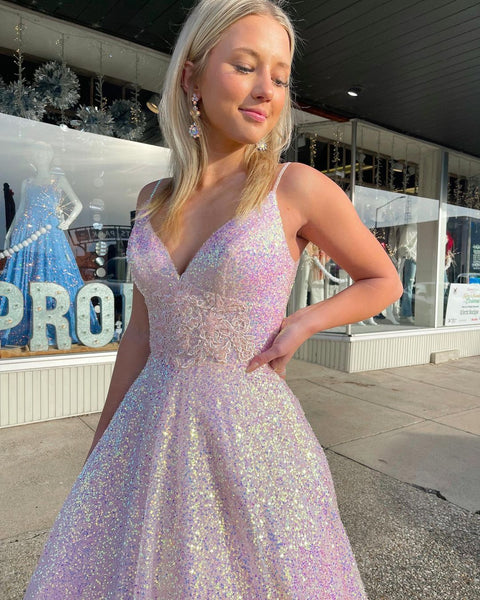 Cute Ball Gown V Neck Lavender Sequins Prom Dresses VK122904