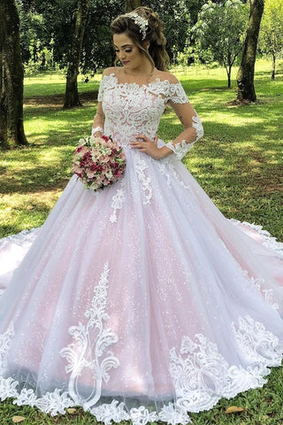 Ball Gown Long Sleeves Pink Tulle Lace Wedding Dresses,Sparkly Bridal Gown VK0318013