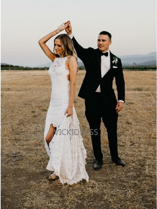 Mermaid Split Open Back Lace Sweep Train Wedding Dress VK0112002