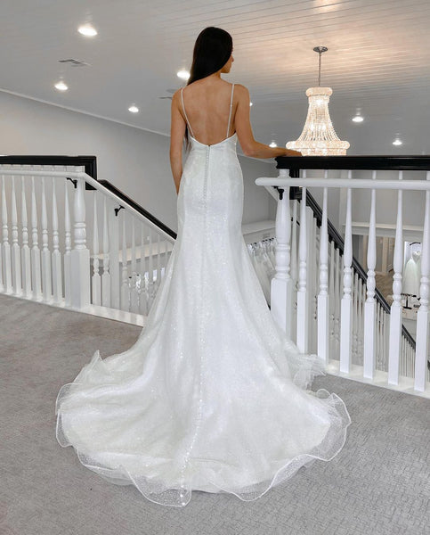 Sparkly Mermaid V Neck Sequins White Wedding Dresses VK113005