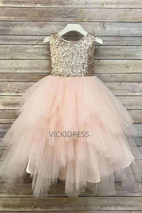Princess A Line Sequin Round Neck Cute Tulle Baby Flower Girl Dress, Sparkly Dresses VK0101034