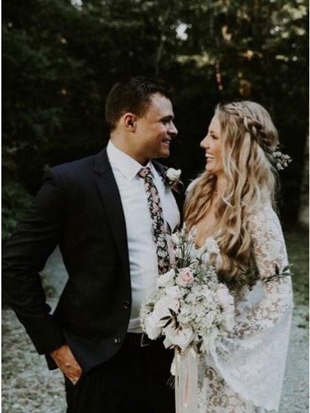 Mermaid V-Neck Bell Sleeves Sweep Train Lace Wedding Dresses VK0530001