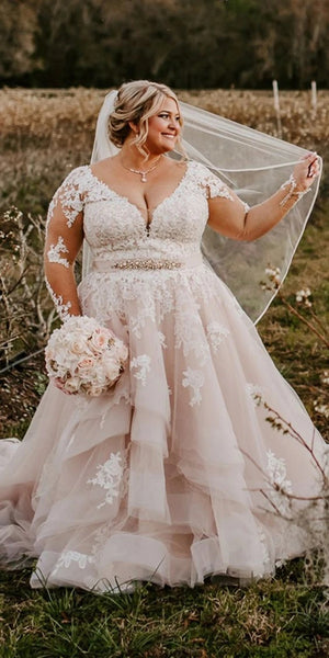 Charming V Neck A-Line Long Sleeves Plus Size Wedding Dresses with Appliques VK0105021