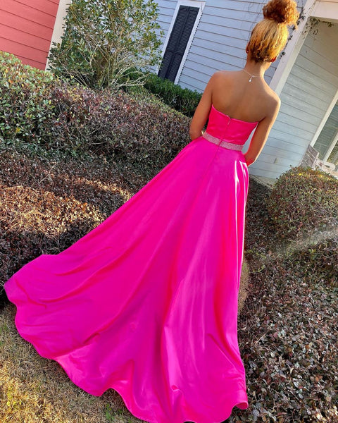 Elegant A-Line Sweetheart Hot Pink Satin Long Prom Evening Dresses with Pockets VK22022302