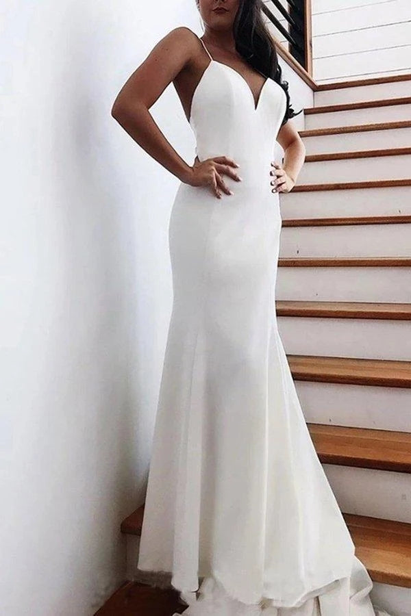 Free Shipping Spaghetti Straps Backless V Neck Mermaid Wedding Dresses Bridal Dresses VK0120010