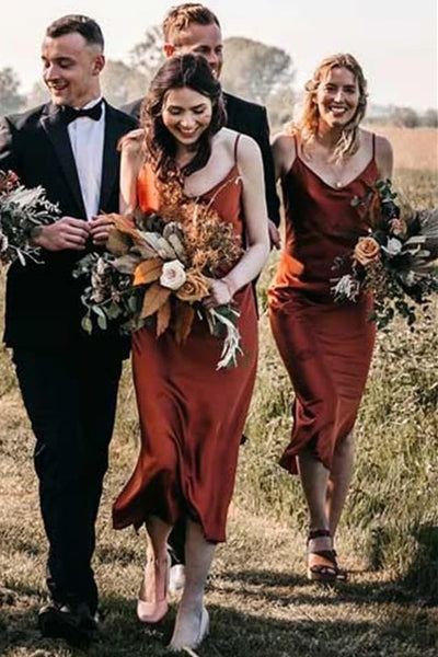 Boho Cowl Neck Tea-length Sheath Straps Rust Bridesmaid Dress VK0321009
