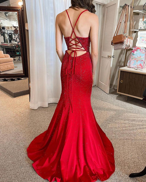 Charming Mermaid V Neck Red Satin Long Prom Dresses with Beading VK121203