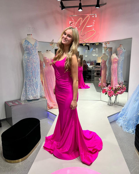Charming Mermaid Scoop Neck Hot Pink Satin Long Prom Dresses VK121202