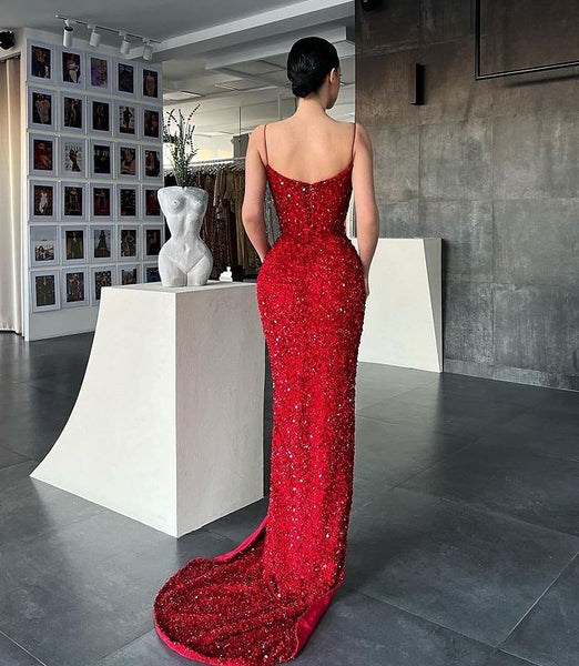 Stunning Mermaid V Neck Dark Green Sequins Prom Dress for 2022 VK22020705