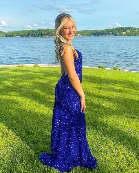 Sparkly Mermaid V Neck Royal Blue Sequins Long Prom Dresses with Slit VK23052608