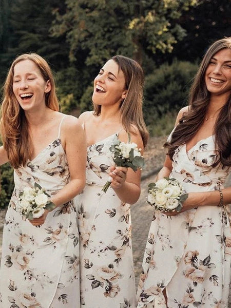 Simple Chiffon V-neck A-line Floral Printed Bridesmaid Dresses With Slit VK0321006