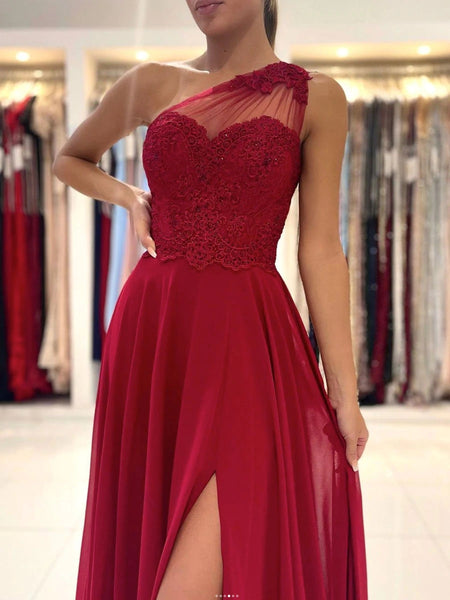 Gorgeous Red one shoulder chiffon lace long prom dress, red evening dress VK220302001