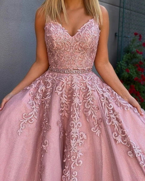 A Line V Neck Two Pieces Lace Appliques Pink Prom Dresses Evening Dresses VK0119038