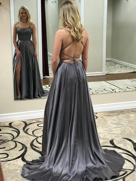 Charming Scoop Neck Spaghetti Straps Neckline Sweep Train A-line Prom Dresses With Slit VK0105003
