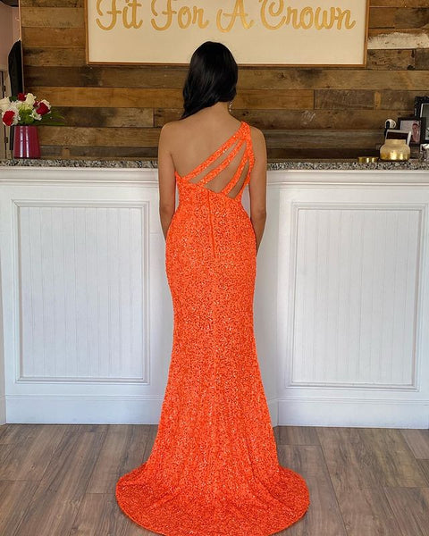 Free Shipping Stunning One Shoulder Mermaid Orange Sequins Prom Dresses VK22022203