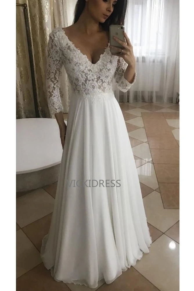 Long Bridal Gown A Line V Neck Chiffon Top Lace Wedding Dress VK0401005