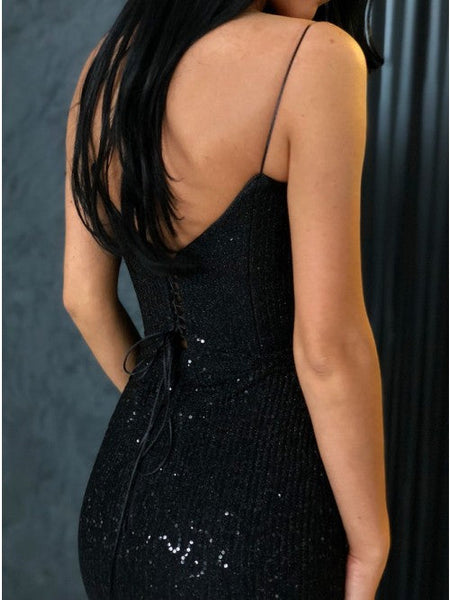 Mermaid Spaghetti Straps Sweetheart Black Sequined Prom Evening Dresses VK0301003