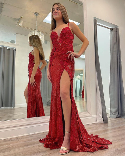 Charming Mermaid V Neck Red Sequins Prom Dresses with Lace VK121502